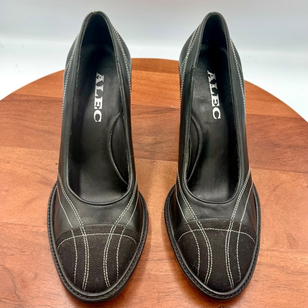 Alec Rhonda Retro Black Leather Pumps Block Heel Contrast Stitch Women 8B Grunge